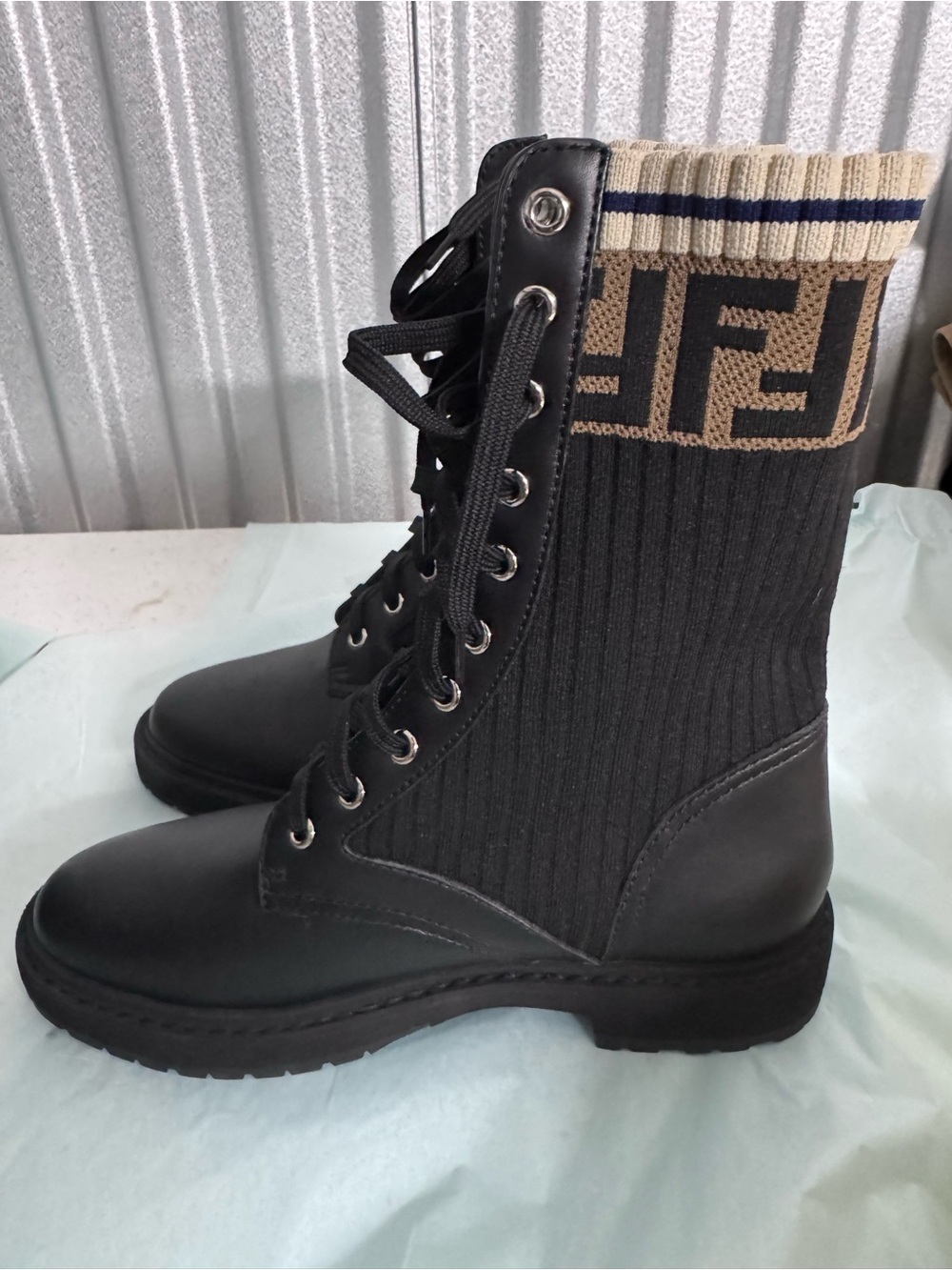Fendi Black Leather Lace-Up Combat Boots with Beige Logo Knit Cuff